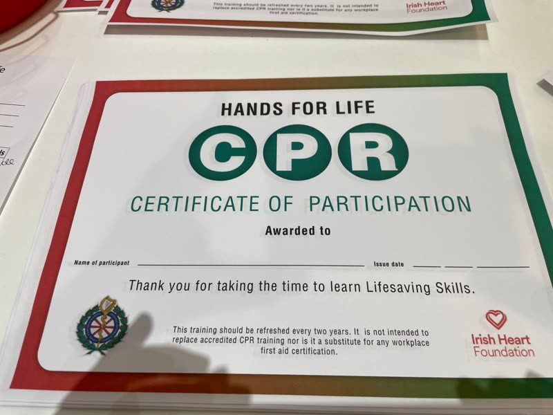 Irish Heart Foundation Hands for Life CPR certificates of participation laid out on a table