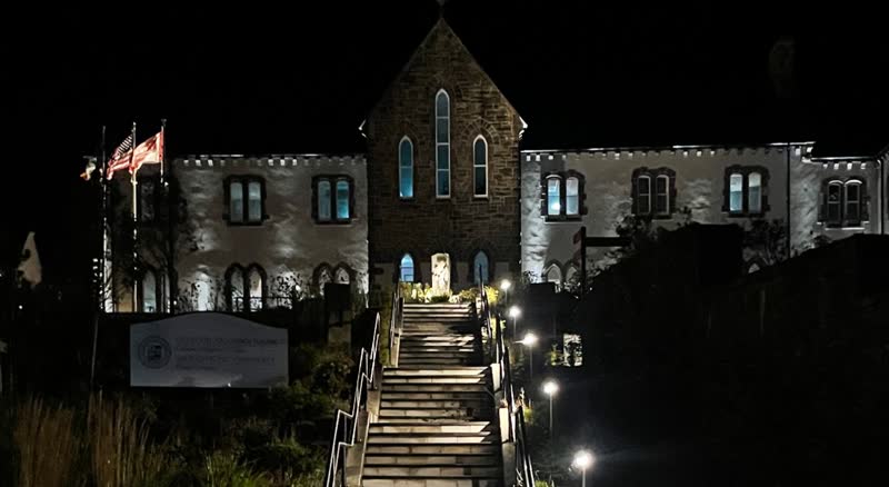 The Sacred Heart University campus in Dingle, lit up at night